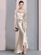 Mermaid / Trumpet Mother of the Bride Dress Formal Fall Wedding Guest Dresses Elegant High Low Scoop Neck Sweep / Brush Train Asymmetrical Satin Lace Half Sleeve with Bow(s) Appliques