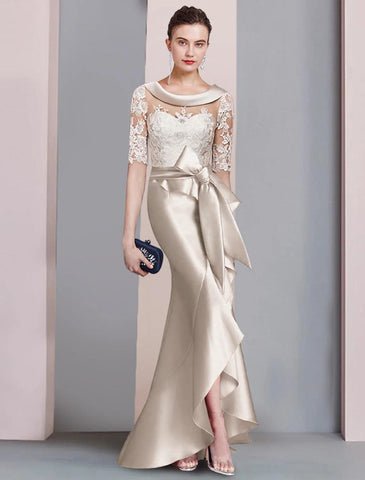 Meerjungfrau/Trompete Kleid für die Brautmutter, formelle Kleider für Hochzeitsgäste im Herbst, elegant, hoch und tief, Rundhalsausschnitt, Schleppe/Pinselzug, asymmetrisch, Satin, Spitze, halbe Ärmel mit Schleife(n), Applikationen
