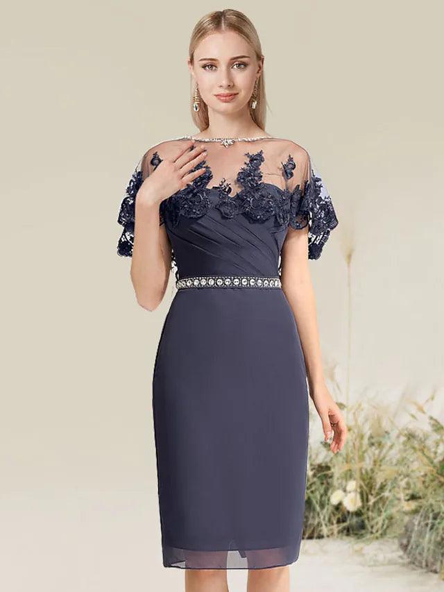 Vestido de cóctel con corte tubo/columna, convertible, para invitada de boda, largo hasta la rodilla, manga corta, sin tirantes, con encaje y apliques de encaje.