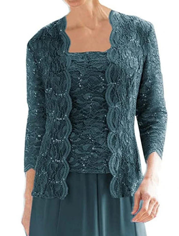 Vestido de madre de la novia de dos piezas, estilo tubo/columna, con brillo y brillo, estilo vintage, elegante, escote cuadrado, largo hasta la rodilla, de gasa, encaje, manga 3/4 con pliegues y lentejuelas