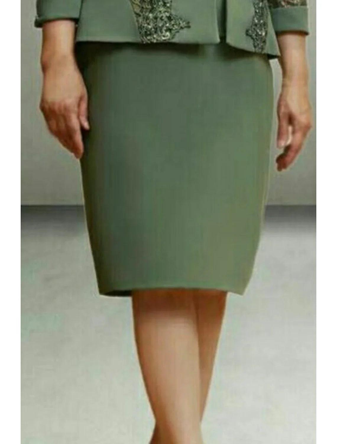 Vestido de dos piezas para madre de la novia, para invitada de boda, fiesta en la iglesia, elegante, escote redondo, largo hasta la rodilla, tejido elástico, manga larga con broche de cristal de encaje.