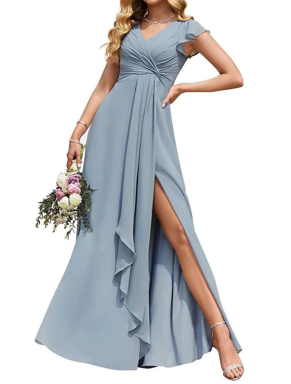 Vestido de dama de honor largo de gasa con escote en V y mangas con volantes, corte imperio, formal, con bolsillos