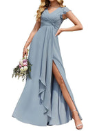 Vestido de dama de honor largo de gasa con escote en V y mangas con volantes, corte imperio, formal, con bolsillos