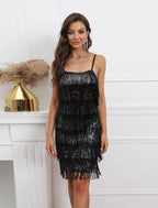 Vestido de fiesta de tubo/columna, vestido vintage de verano para regreso a casa, corto/mini, sin mangas, tirantes finos, con lentejuelas y flecos y borlas de lentejuelas.