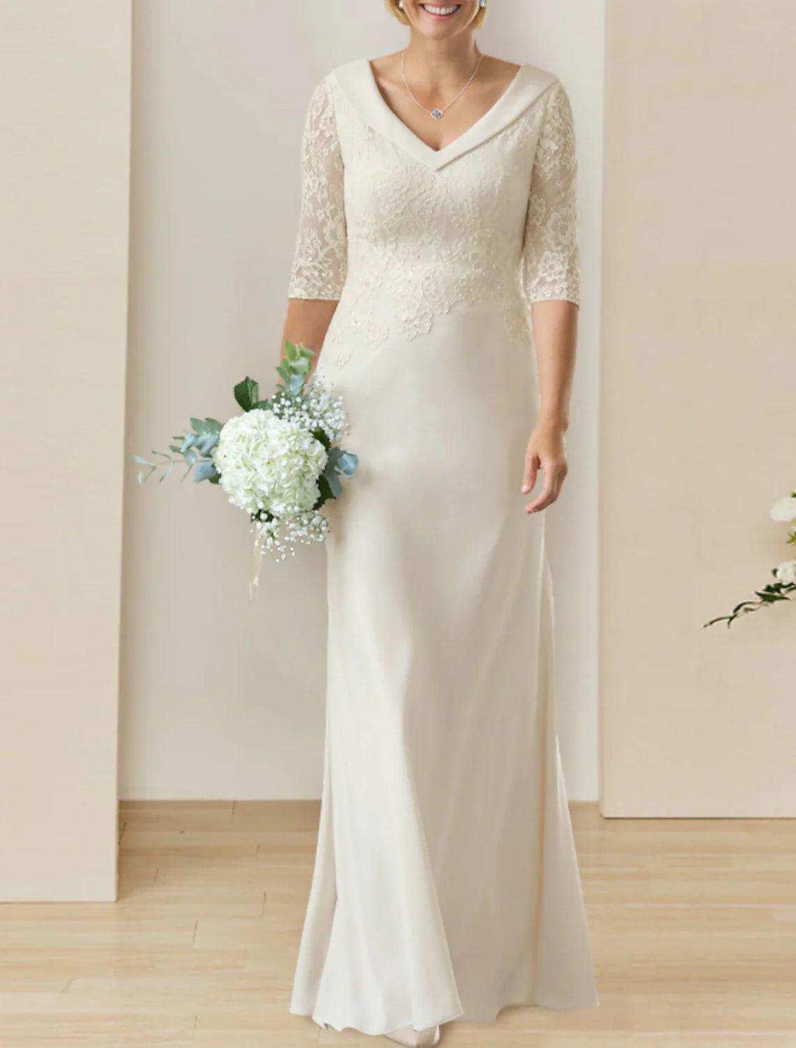 Vestidos de novia de otoño, modestos y maduros, corte tubo/columna, escote en V, media manga, largo hasta el suelo, de gasa, con apliques, color liso