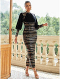 Vestido de noche elegante negro con corte en forma de columna, largo hasta los tobillos, manga larga, cuello alto, tejido elástico con lentejuelas.