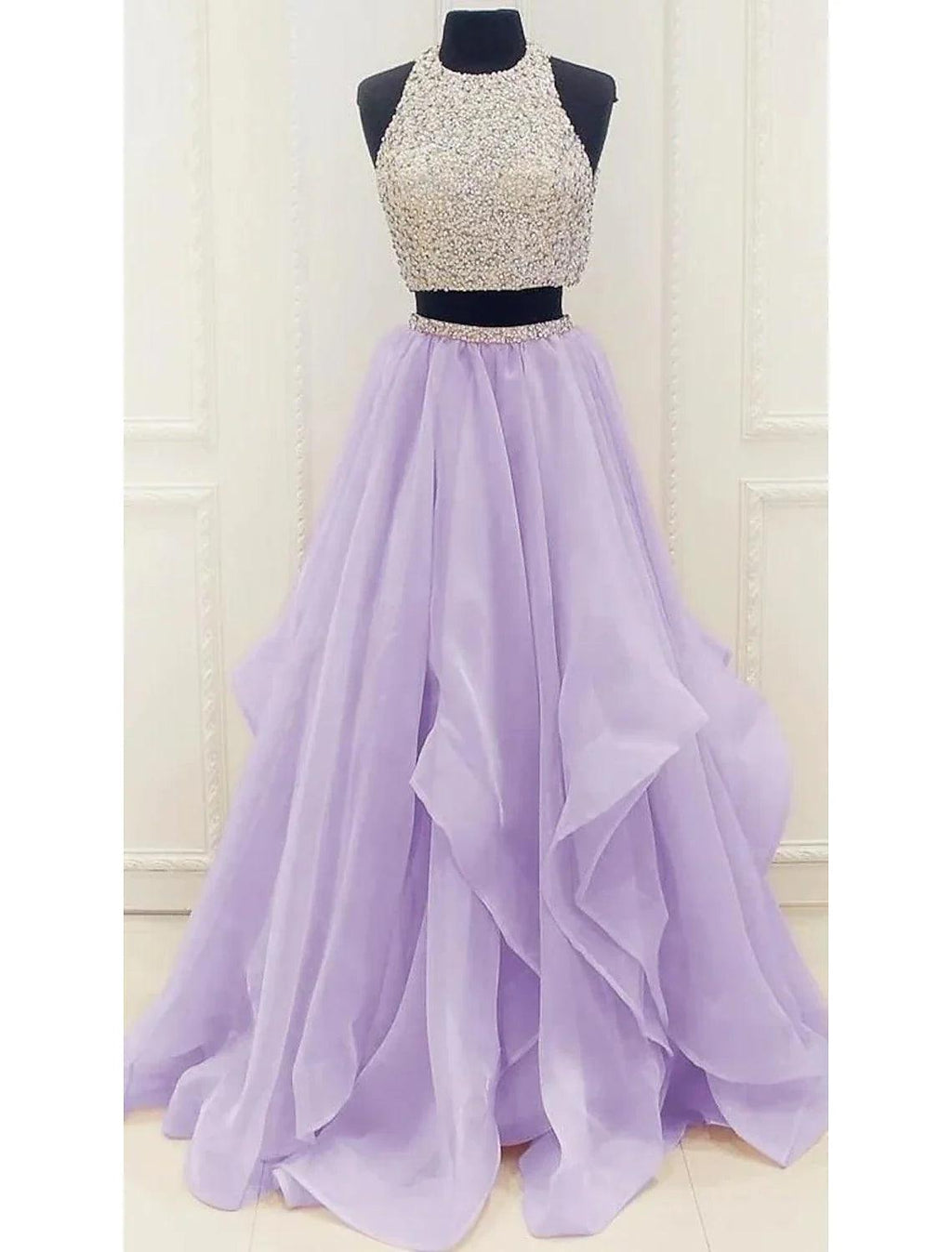Vestido de fiesta de dos piezas con brillo y pedrería, largo hasta el suelo, sin mangas, cuello halter, organza con lentejuelas