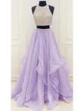 Vestido de fiesta de dos piezas con brillo y pedrería, largo hasta el suelo, sin mangas, cuello halter, organza con lentejuelas