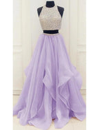 Vestido de fiesta de dos piezas con brillo y pedrería, largo hasta el suelo, sin mangas, cuello halter, organza con lentejuelas
