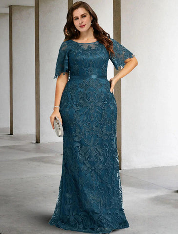 Vestido de madre de la novia de dos piezas, corte tubo/columna, talla grande, escote joya, cola larga/cepillo, encaje, manga corta, sin mangas, con apliques de faja/cinta