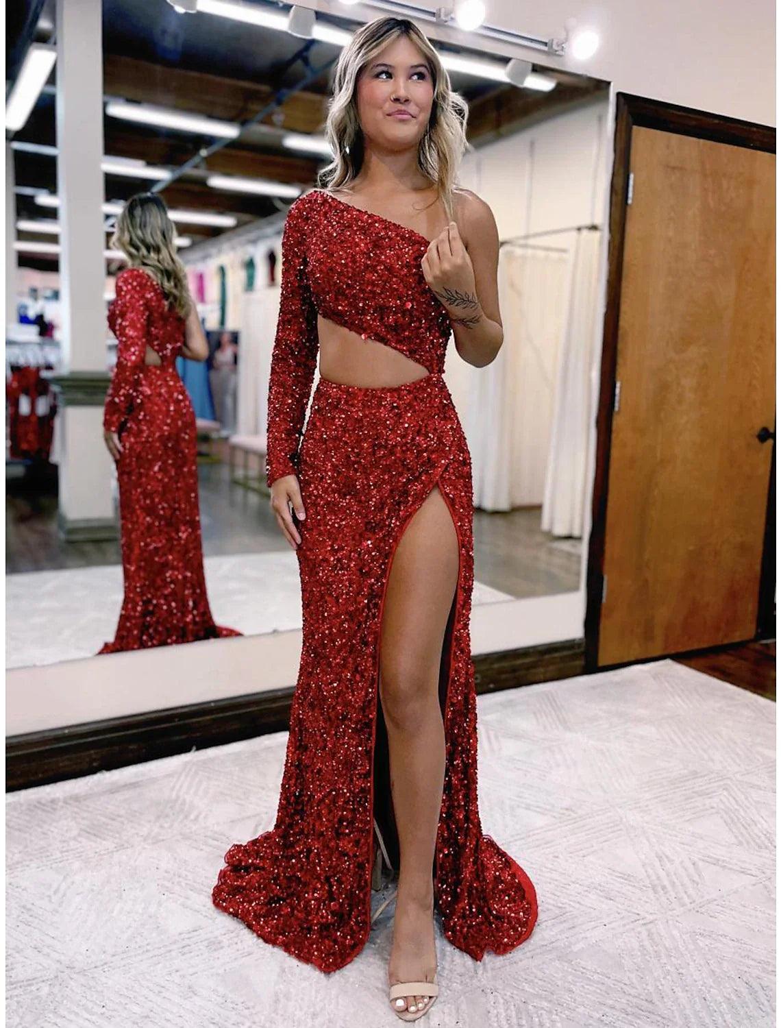 Vestidos de fiesta de sirena/trompeta con brillo y destellos, vestido formal para boda, fiesta, cola de corte, manga larga, un hombro, lentejuelas, espalda descubierta con abertura de lentejuelas