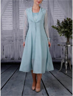 Vestido de dos piezas de corte A para madre de la novia, para invitada de boda, sencillo, elegante, cuello camisero, largo hasta la rodilla, de gasa, manga larga con pliegues, color liso