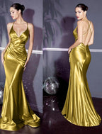 Meerjungfrau/Trompete Abendkleid Elegantes Kleid Verlobung Formeller Abend Sweep/Pinsel Schleppe Ärmellos Spaghettiträger Satin mit Kreuz Rüschen
