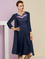 Vestido de dos piezas tipo tubo para madre de la novia, vestido formal para invitada de boda, estilo vintage, elegante, con escote en V, largo hasta la rodilla, de gasa, con encaje, manga media, con apliques