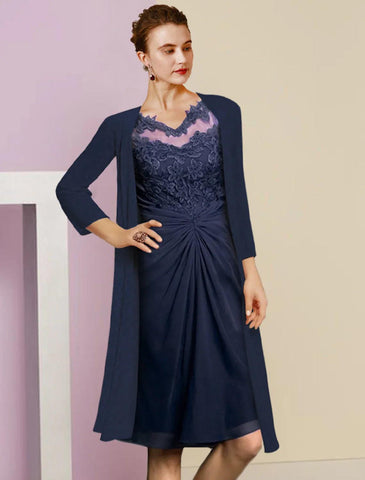 Vestido de dos piezas tipo tubo para madre de la novia, vestido formal para invitada de boda, estilo vintage, elegante, con escote en V, largo hasta la rodilla, de gasa, con encaje, manga media, con apliques