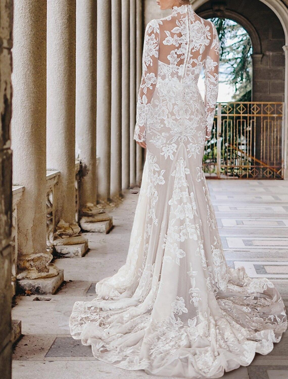 Verlobungs-formelle Herbst-Boho-Brautkleider Meerjungfrau/Trompete, hoher Hals, lange Ärmel, Hofschleppe, Spitze, Brautkleider mit Applikationen