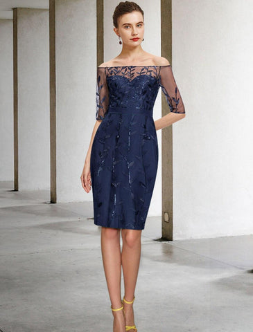 Zweiteiliges Etuikleid/Säulenkleid für die Mutter der Braut, formelle Hochzeitsgäste, Sparkle &amp; Shine, elegantes, schulterfreies, knielanges Chiffon-Spitzenkleid mit Pailletten, halbe Ärmel mit Schleifenapplikationen