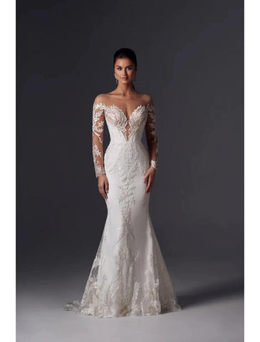 Verlobung, formelle Herbst-Brautkleider, Meerjungfrau/Trompete, schulterfrei, lange Ärmel, Hofschleppe, Satin, kirchliche Brautkleider mit Applikationen, einfarbig, Sommer, Hochzeitsfeier