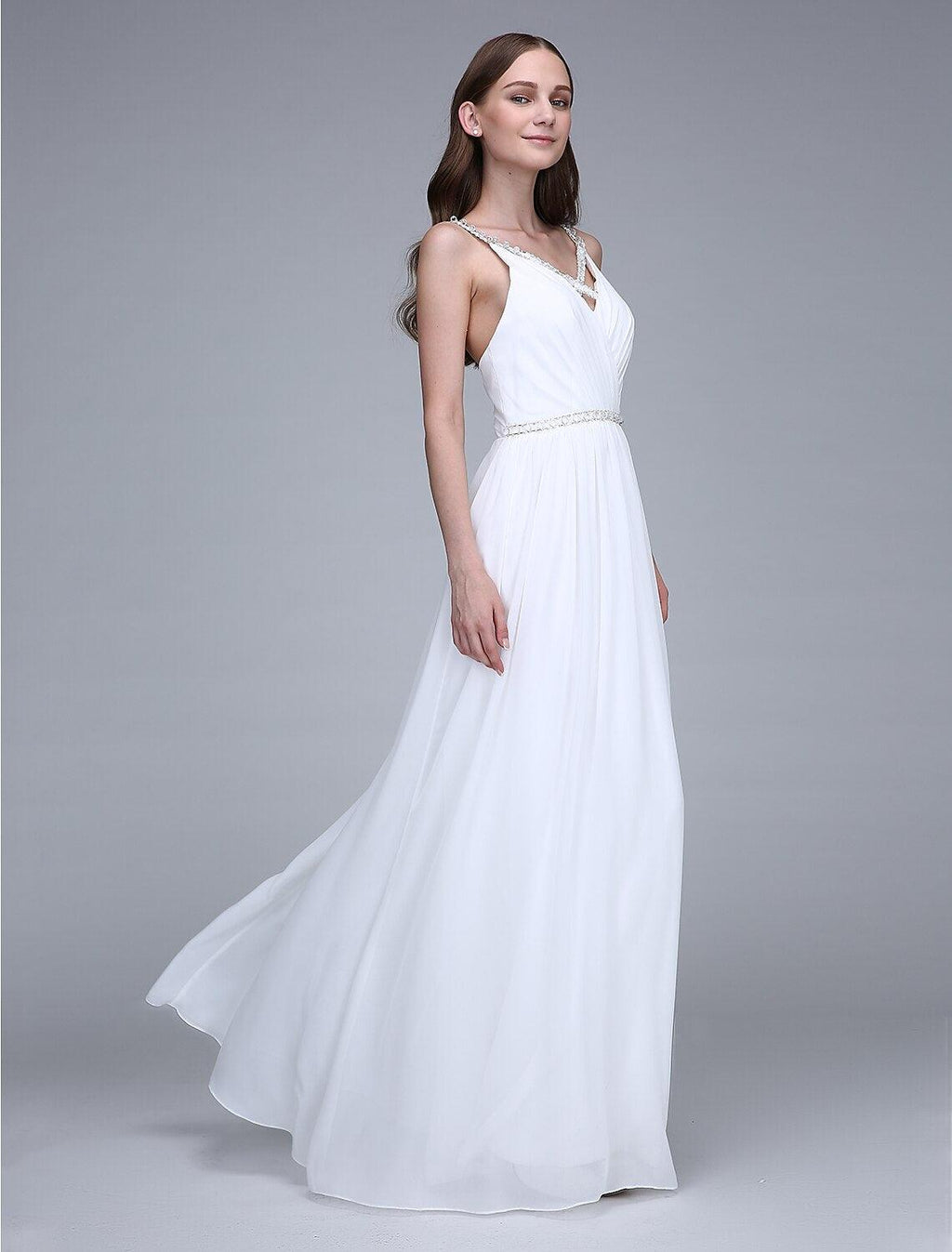 Vestido de dama de honor de gasa con tirantes finos, largo hasta el suelo y cristales, estilo tubo/columna