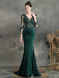 Vestidos de fiesta de sirena/trompeta, elegantes, formales, para invitados de boda, con cola larga y escote en V, de mezcla de algodón con apliques de cuentas.