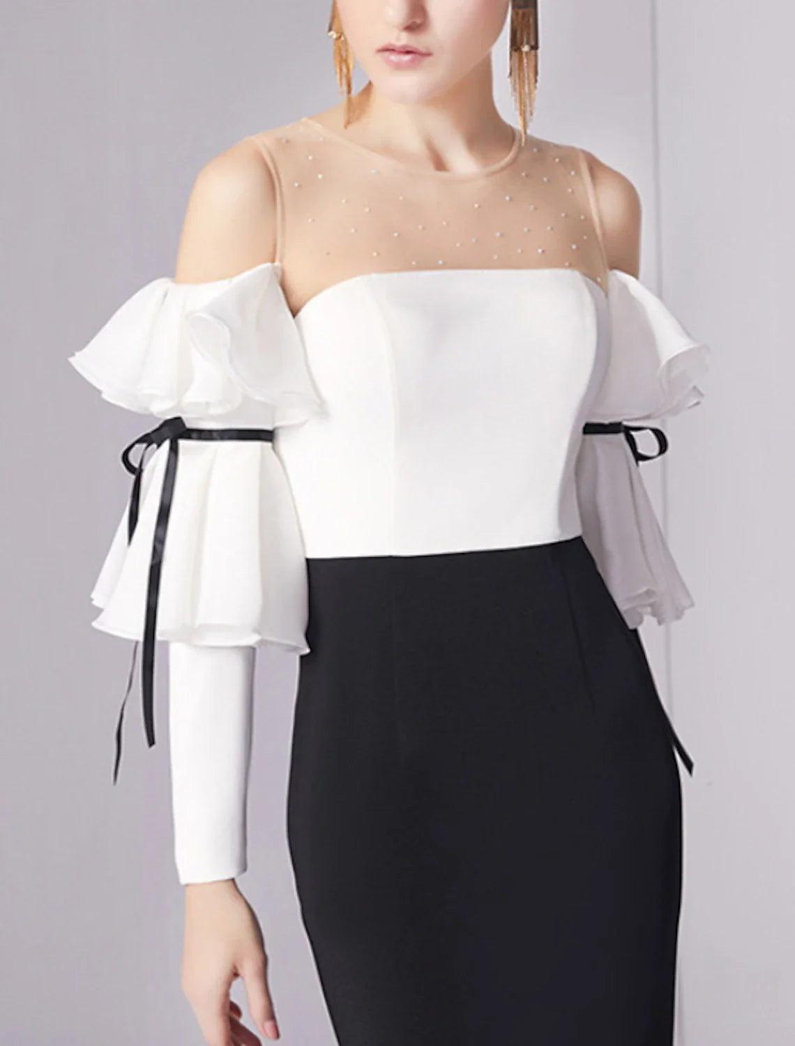 Vestido de noche estilo sirena/trompeta, minimalista, para invitados de boda, de compromiso, largo hasta el suelo, mangas 3/4, cuello joya, tejido elástico con pliegues y volantes.