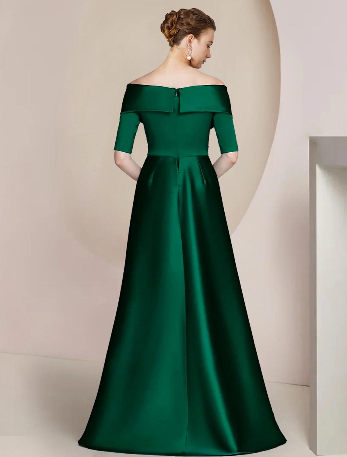 Sheath / Column Mother of the Bride Dress Formal Wedding Guest Party Elegant Off Shoulder Floor Length Satin Half Sleeve with Ruching