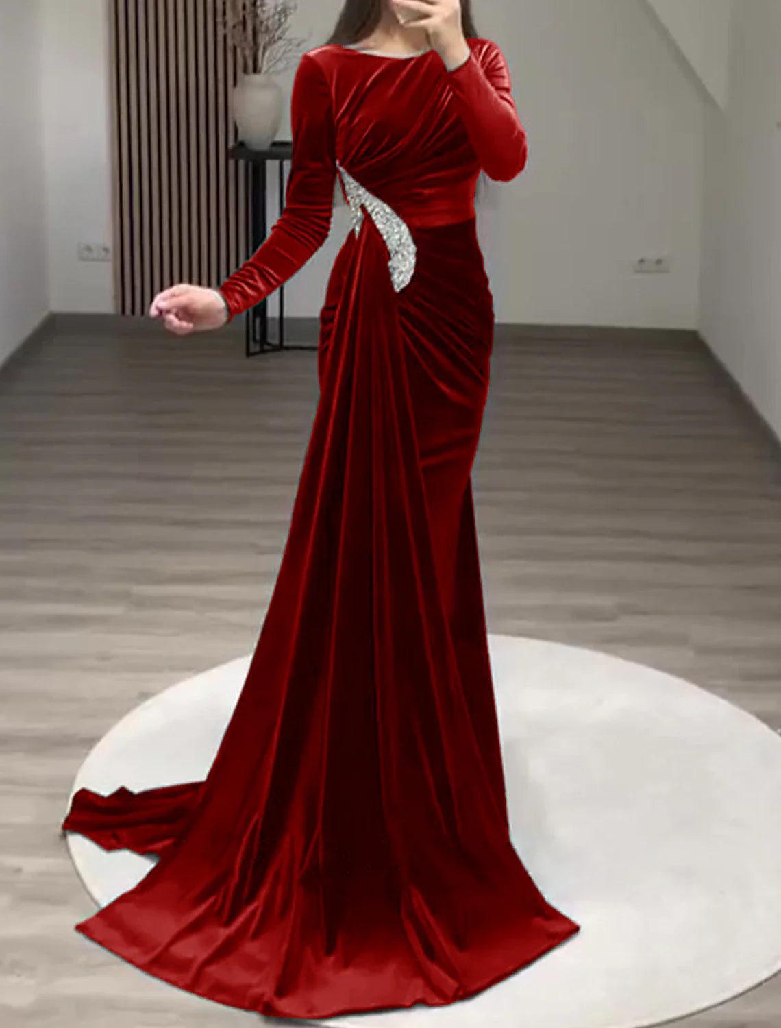 Sheath Evening Gown Vintage Black Dress Plus Size Formal Velvet Christmas Red Green Dress Floor Length Long Sleeve Off Shoulder Fall Wedding Reception with Rhinestone Slit