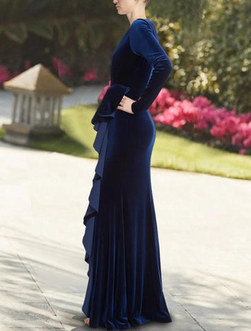 Meerjungfrau/Trompete Abendkleid Elegantes Kleid Hochzeitsgast Ballkleid Bodenlang Langarm Rundhals Samt mit Schleife(n) Rüschen