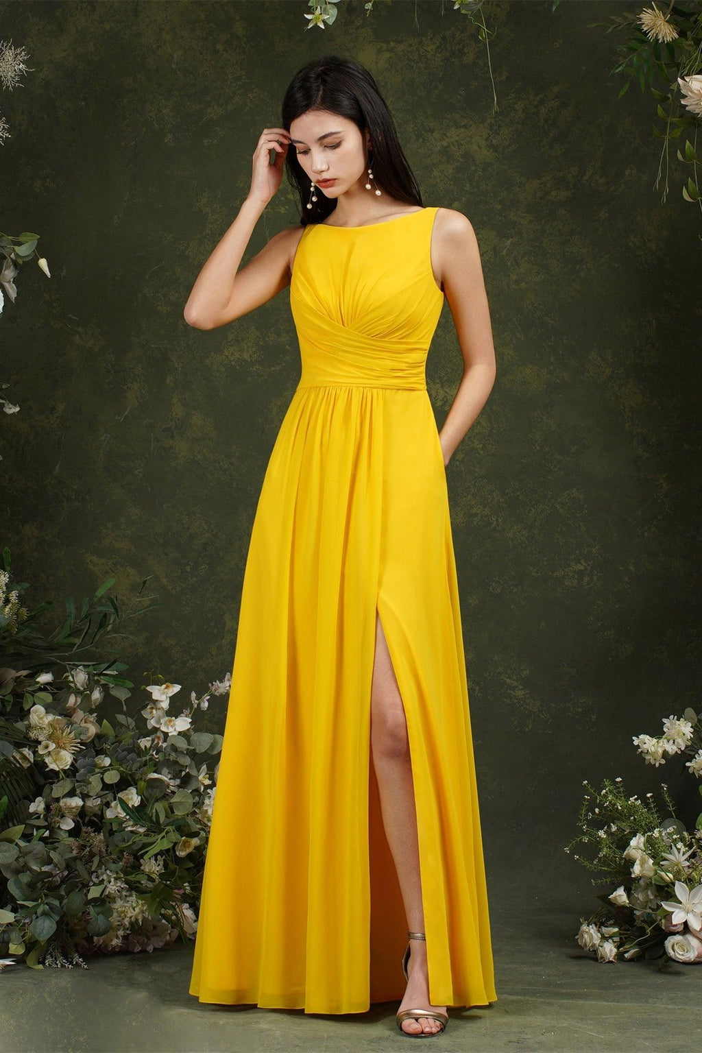 Yellow Bateau A-Line Chiffon Ruffles Split Floor-length Bridesmaid Dress With Pockets