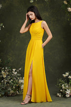 Yellow Bateau A-Line Chiffon Ruffles Split Floor-length Bridesmaid Dress With Pockets