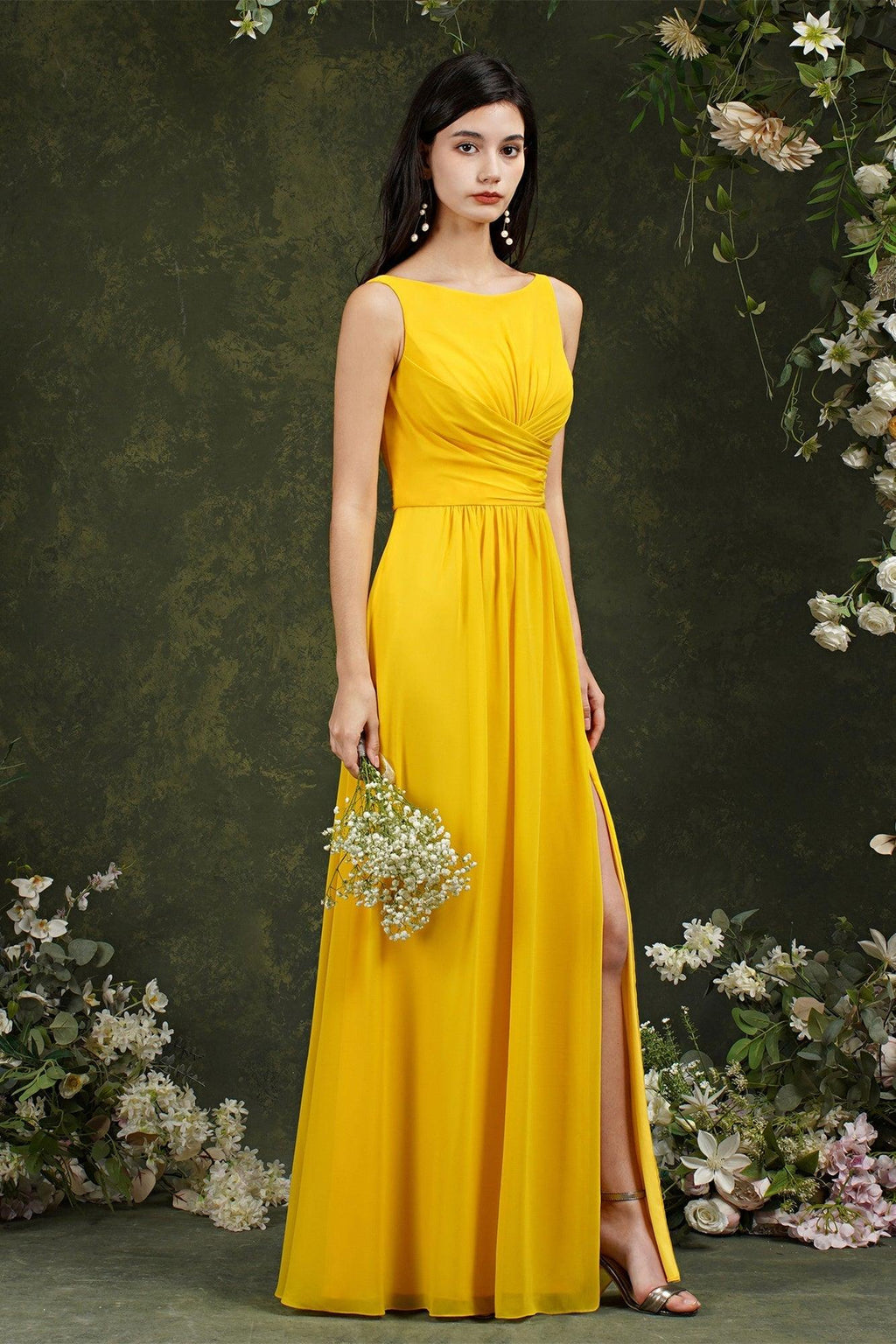 Yellow Bateau A-Line Chiffon Ruffles Split Floor-length Bridesmaid Dress With Pockets