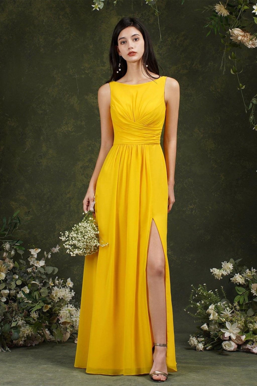 Yellow Bateau A-Line Chiffon Ruffles Split Floor-length Bridesmaid Dress With Pockets