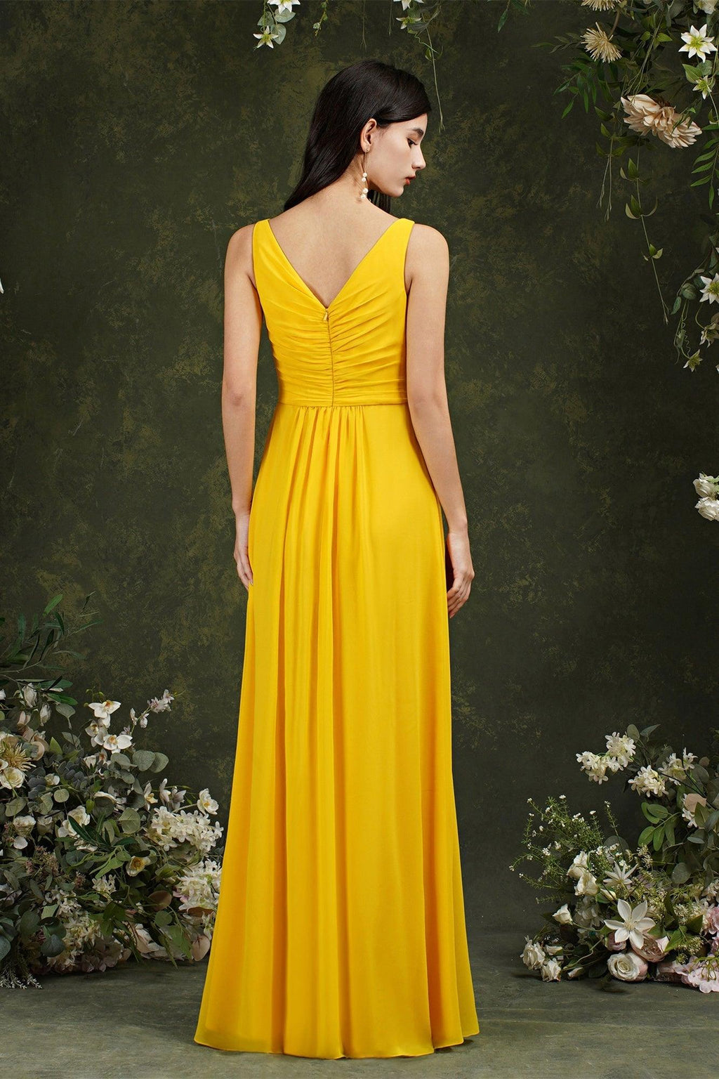 Yellow Bateau A-Line Chiffon Ruffles Split Floor-length Bridesmaid Dress With Pockets