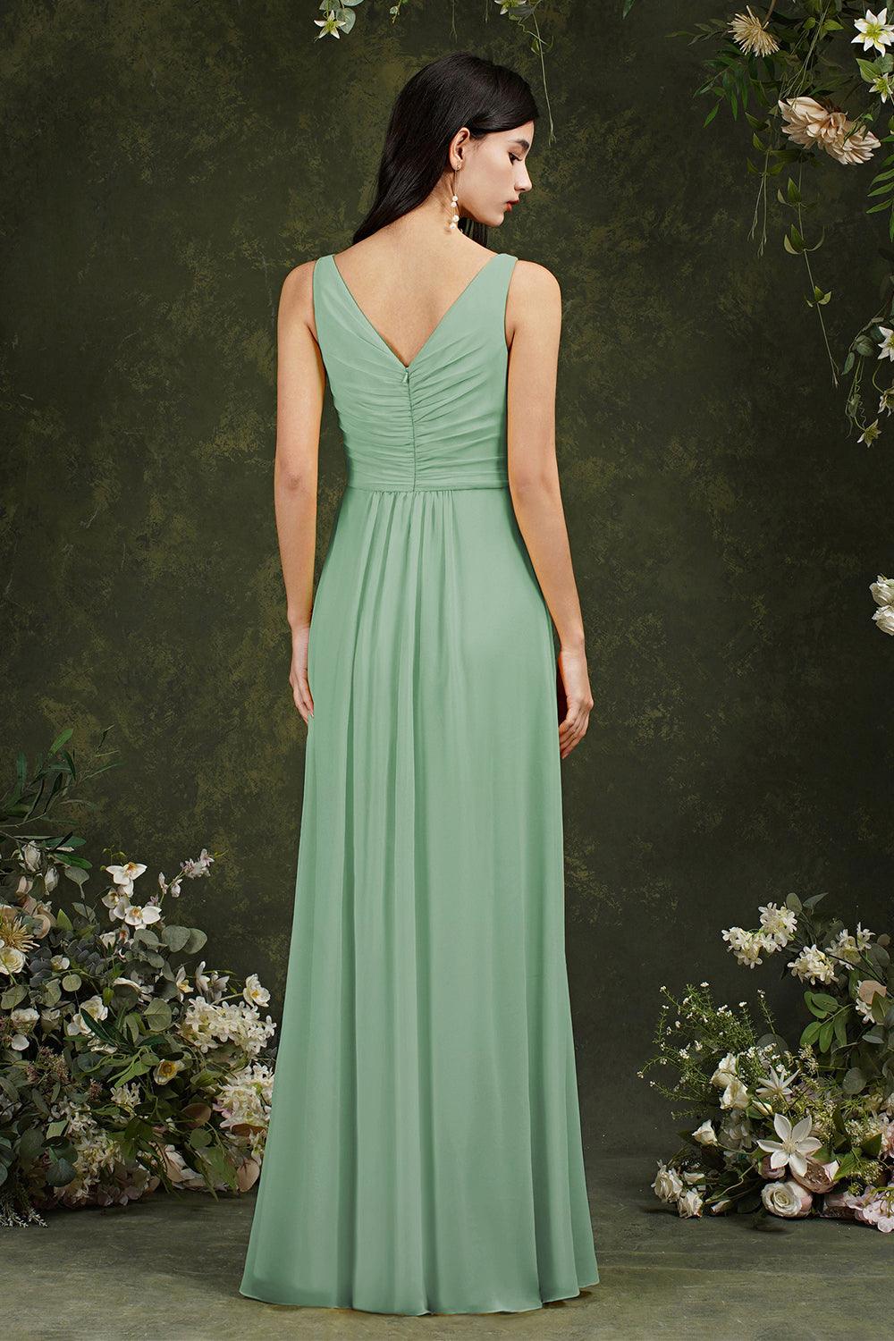Yellow Bateau A-Line Chiffon Ruffles Split Floor-length Bridesmaid Dress With Pockets