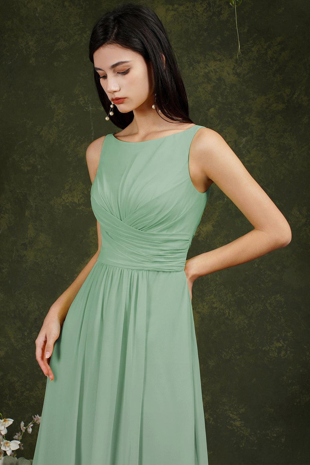 Yellow Bateau A-Line Chiffon Ruffles Split Floor-length Bridesmaid Dress With Pockets