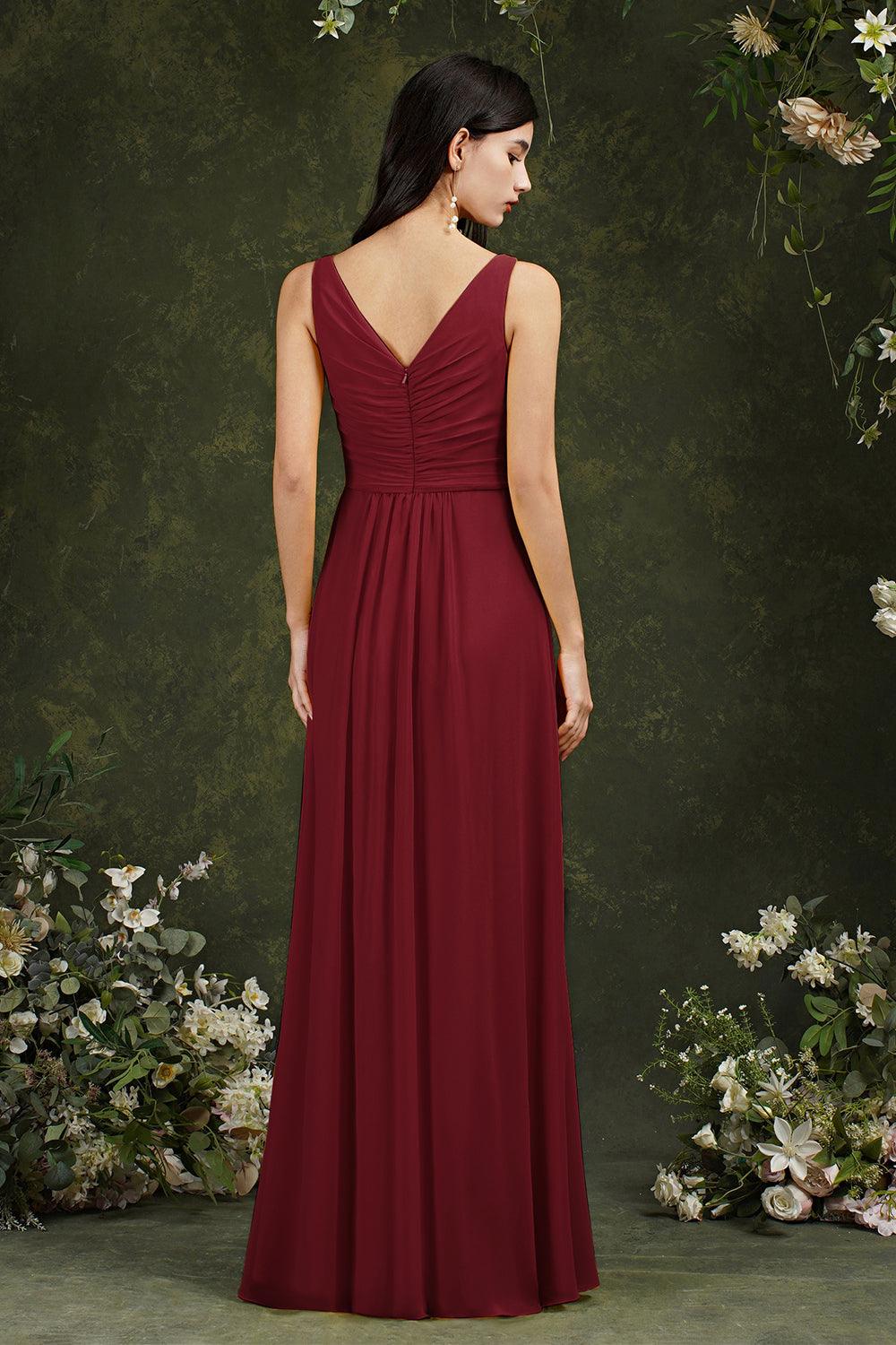 Yellow Bateau A-Line Chiffon Ruffles Split Floor-length Bridesmaid Dress With Pockets