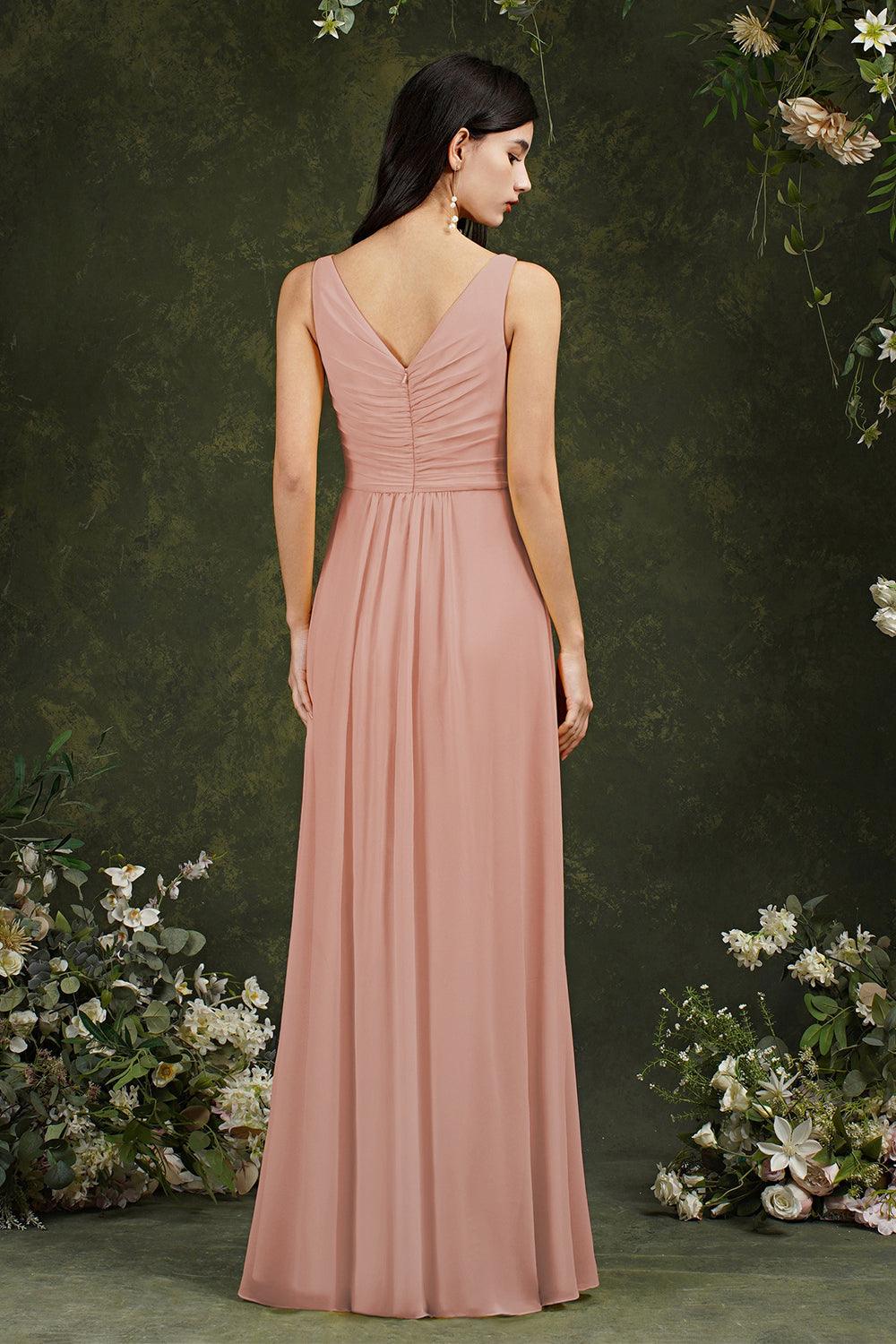 Yellow Bateau A-Line Chiffon Ruffles Split Floor-length Bridesmaid Dress With Pockets