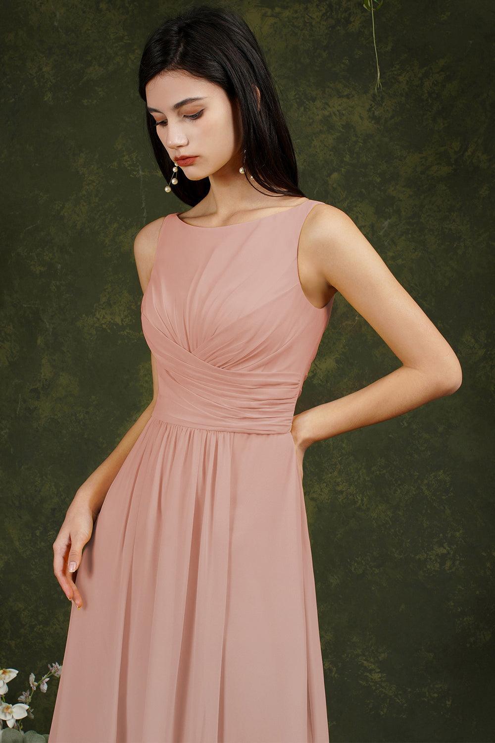Yellow Bateau A-Line Chiffon Ruffles Split Floor-length Bridesmaid Dress With Pockets