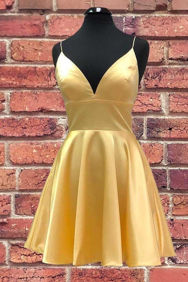 Vestido corto de fiesta con tirantes de satén y escote en V amarillo