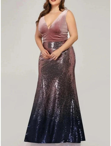 Meerjungfrau/Trompete Abendkleid Sparkle &amp; Shine Kleid Formal Herbst Bodenlang Ärmellos V-Ausschnitt Pailletten mit Glitzer Falten