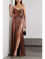 Meerjungfrau/Trompete Abendkleid Sexy Kleid Cocktail Party Hochzeit Empfang Bodenlang Ärmellos Trägerlos Polyester mit gerüschtem Schlitz