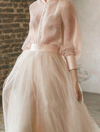 Numbersea Two Piece Empire Minimalist Wedding Guest Formal Evening Birthday Dress Stand Collar Long Sleeve Floor Length Chiffon with Tier