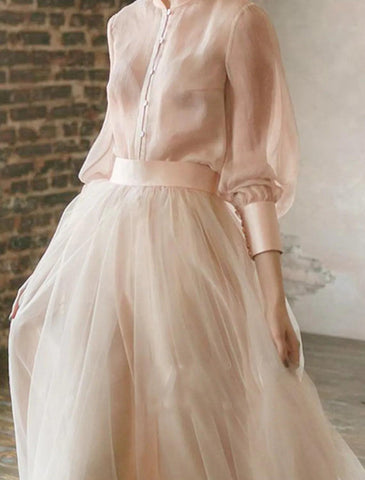 Numbersea Two Piece Empire Minimalist Wedding Guest Formal Evening Birthday Dress Stand Collar Long Sleeve Floor Length Chiffon with Tier