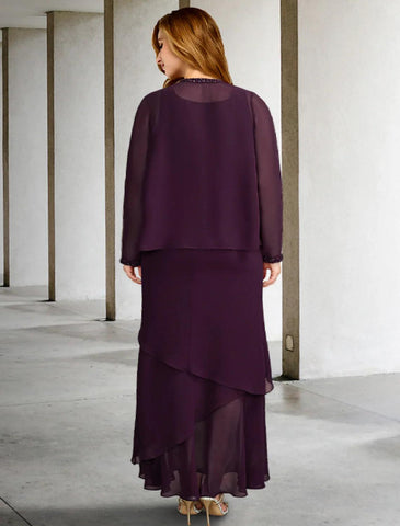 Vestido elegante de dos piezas de corte A para madre de la novia, talla grande, con curvas, formal, largo hasta los tobillos, sin mangas, cuello cuadrado, de gasa con volantes y cuentas.