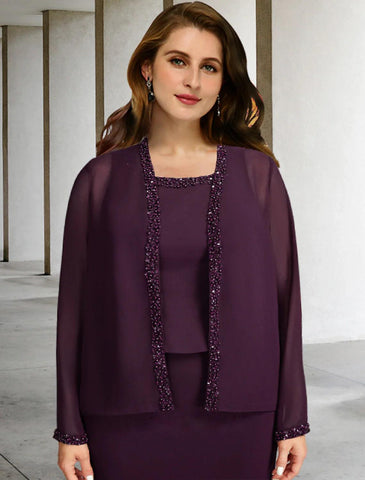 Vestido elegante de dos piezas de corte A para madre de la novia, talla grande, con curvas, formal, largo hasta los tobillos, sin mangas, cuello cuadrado, de gasa con volantes y cuentas.