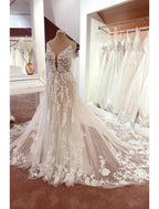 Vestidos de novia formales de compromiso con espalda descubierta, corte A, camisola, escote en V, tirantes finos, cola capilla, encaje y apliques