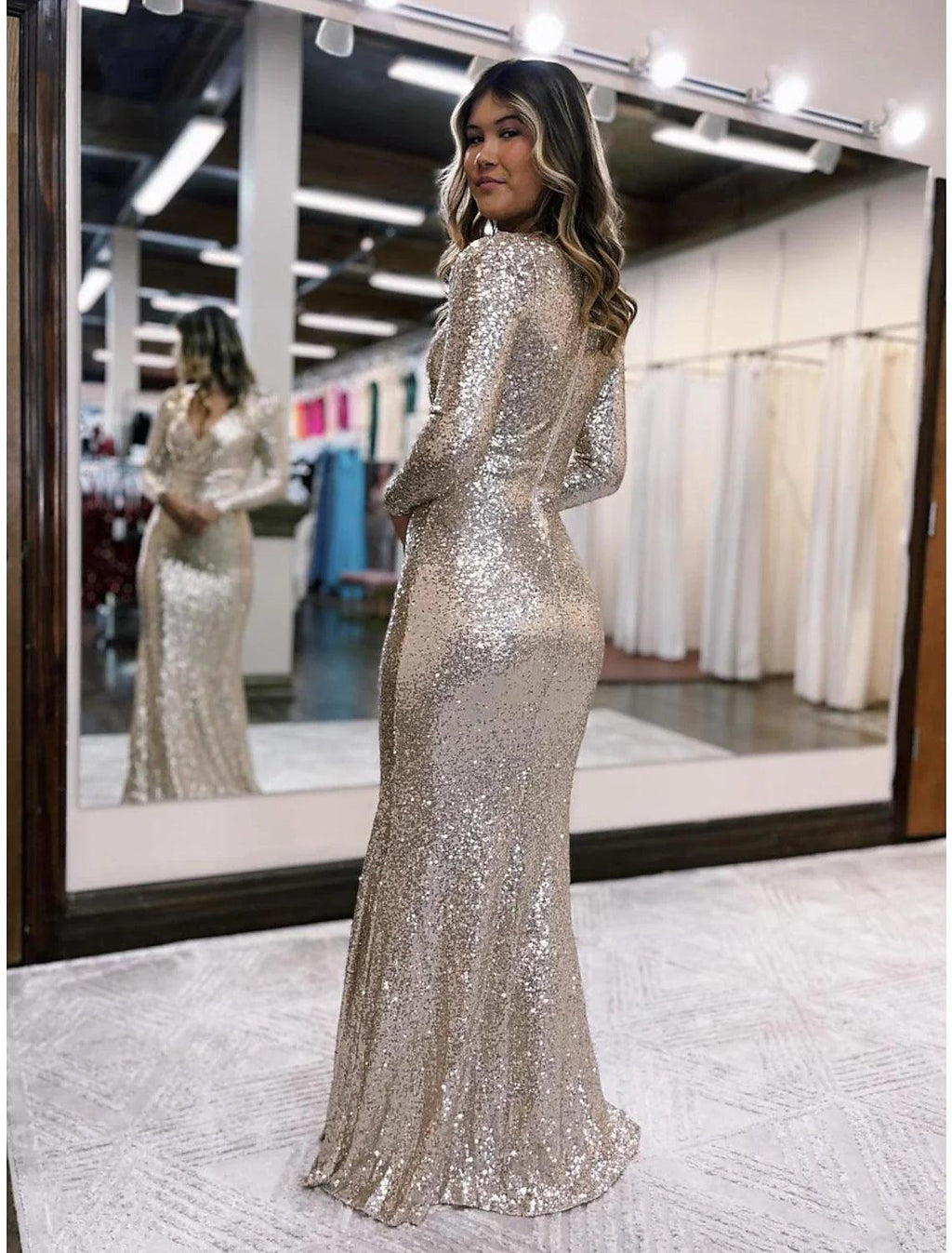 Meerjungfrau/Trompete Abendkleid Sparkle &amp; Shine Kleid Formeller Abschlussball Bodenlang Langarm V-Ausschnitt Pailletten mit Pailletten