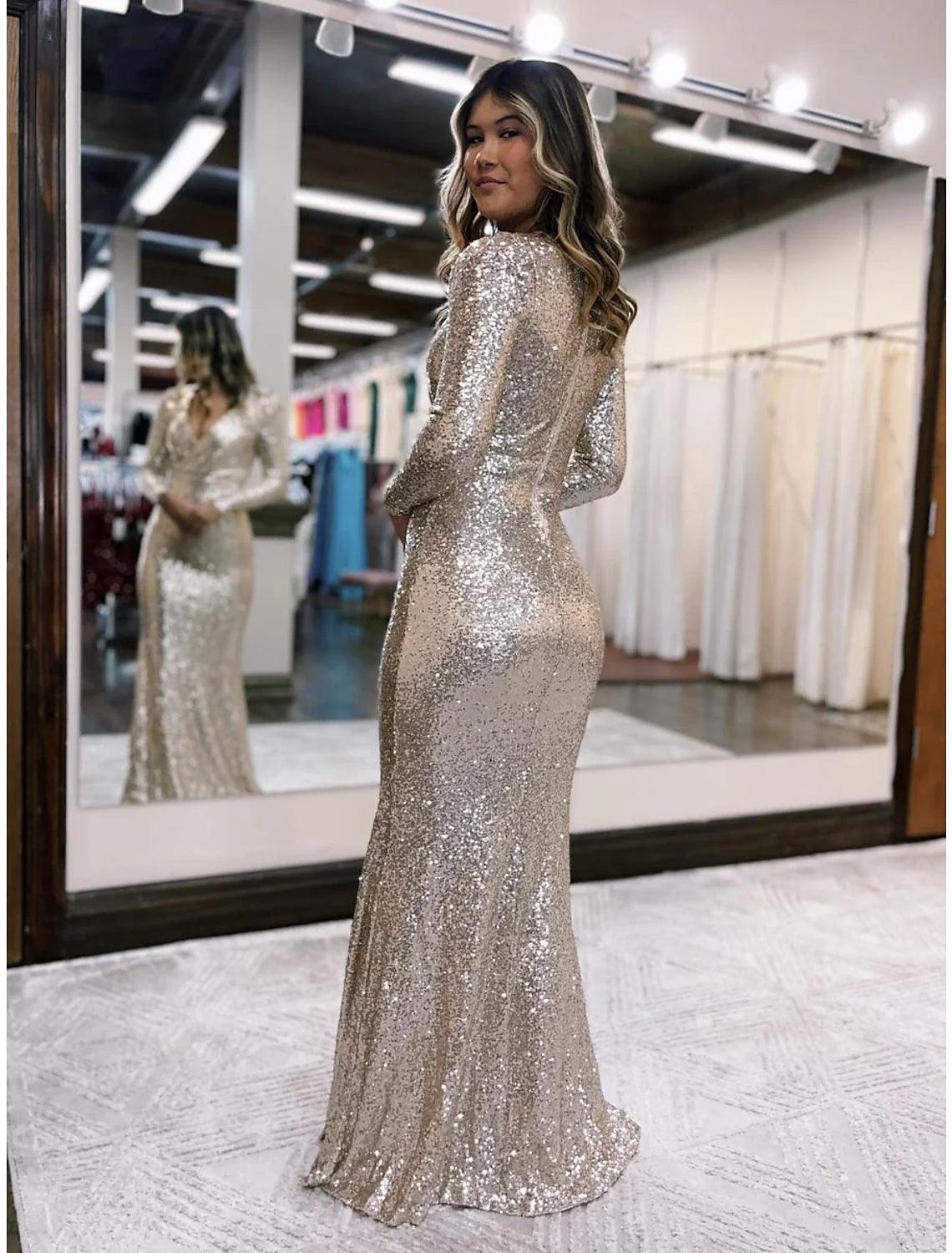 Meerjungfrau/Trompete Abendkleid Sparkle &amp; Shine Kleid Formeller Abschlussball Bodenlang Langarm V-Ausschnitt Pailletten mit Pailletten