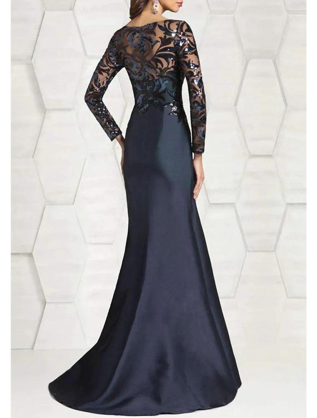 Meerjungfrau/Trompete Kleid für die Mutter der Braut, Herbst, Hochzeitsgast, elegant, funkelnd und glänzend, Rundhalsausschnitt, bodenlang, Satin, Pailletten, lange Ärmel mit Pailletten, Farbblock
