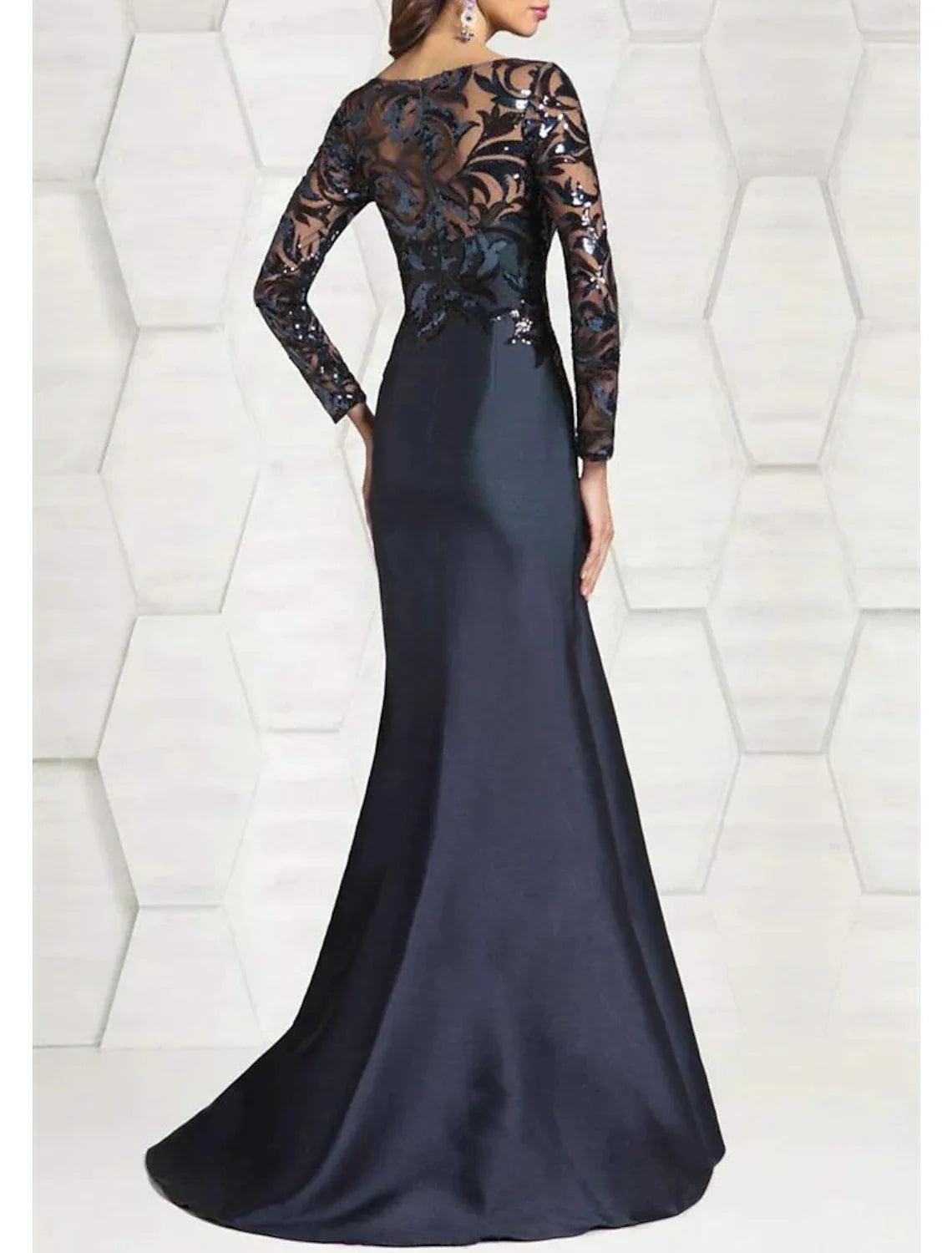 Meerjungfrau/Trompete Kleid für die Mutter der Braut, Herbst, Hochzeitsgast, elegant, funkelnd und glänzend, Rundhalsausschnitt, bodenlang, Satin, Pailletten, lange Ärmel mit Pailletten, Farbblock